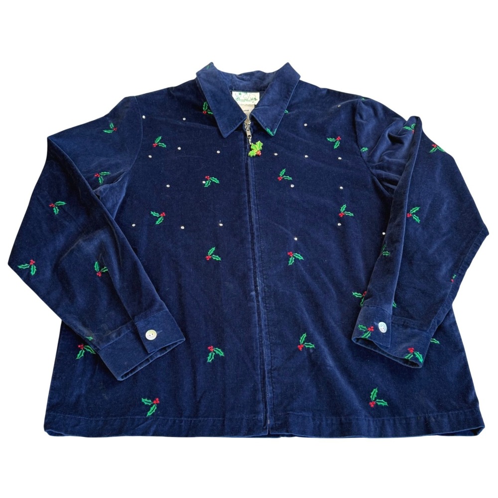Quacker Factory Holly Embroidered Christmas Jacket Women Large Micro Cord Zip